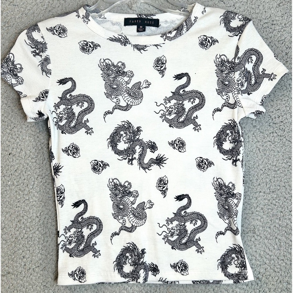 Faded Rose Womens Ribbed Dragon Rose Print Top Size M Grunge Y2K Punk